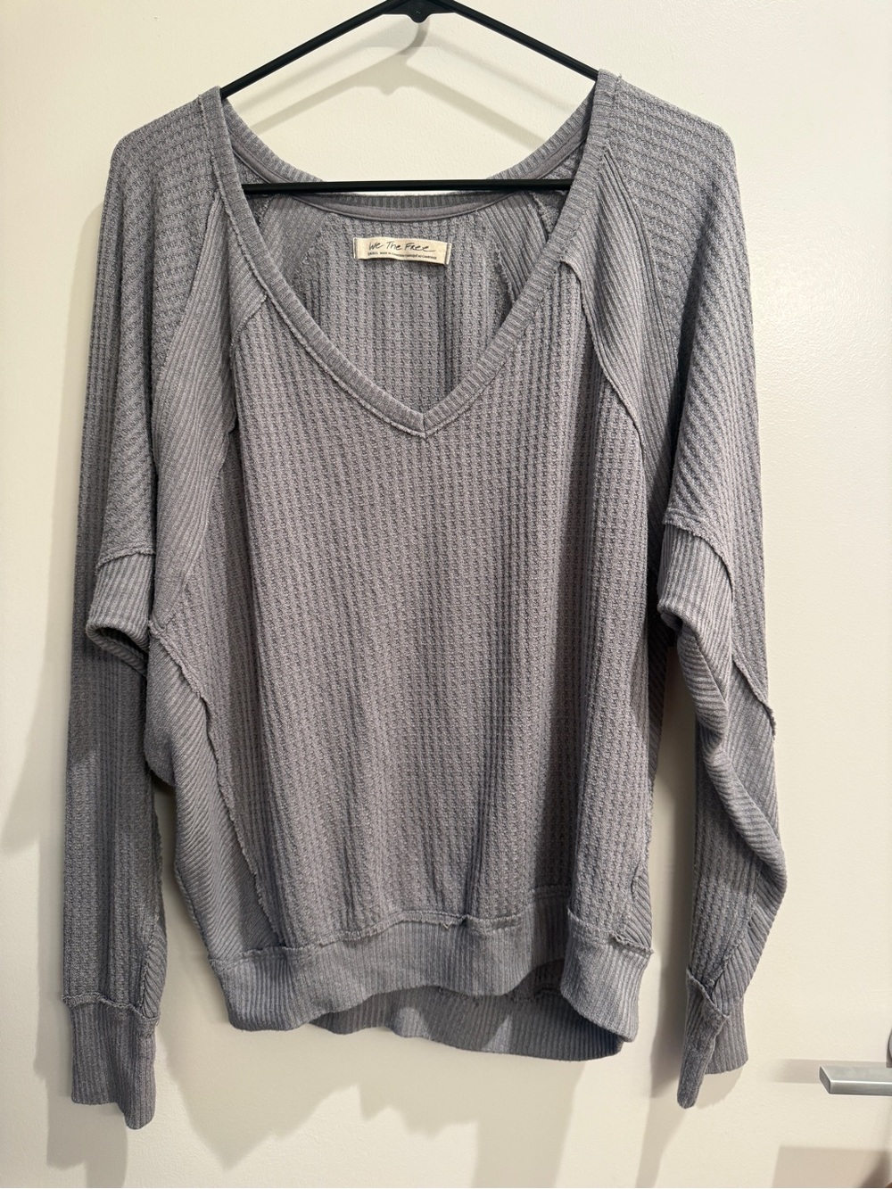 Women's V-Neck Waffle Knit Sweater in Light Gray
